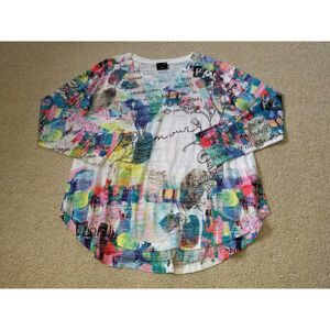 NWOT Womens Top-INOAH-white/blue/green cotton knit lagenlook BOHO artsy ls-M